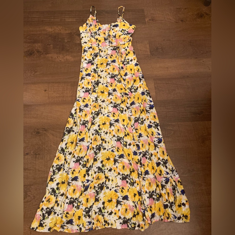 Korye Berryessa Yellow Floral Print Maxi Dress High Slit Sundress Boho Women’s M